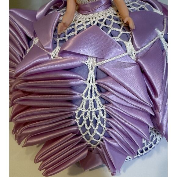 Vintage Ribbonwork Pincushion Doll Lavender Satin Boudoir Sewing Decor - Picture 6 of 9